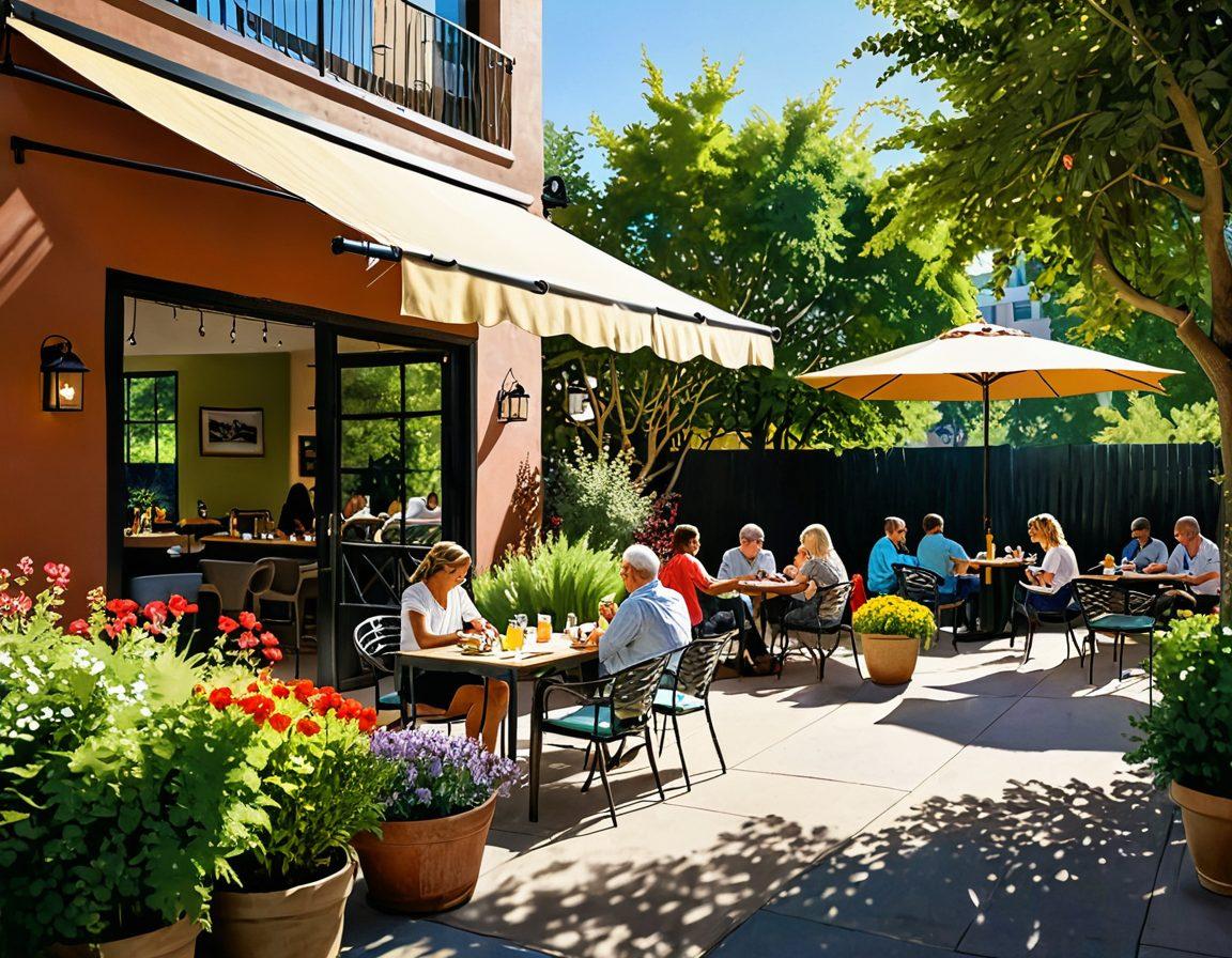A cozy outdoor patio showcasing a variety of stylish awnings and functional shade structures in action, with sunlight filtering through trees and colorful flowers surrounding the space. Include people enjoying the shade, sipping drinks, and reading. Capture a sense of comfort and relaxation in a vibrant setting. super-realistic. vibrant colors. bright sunny day.