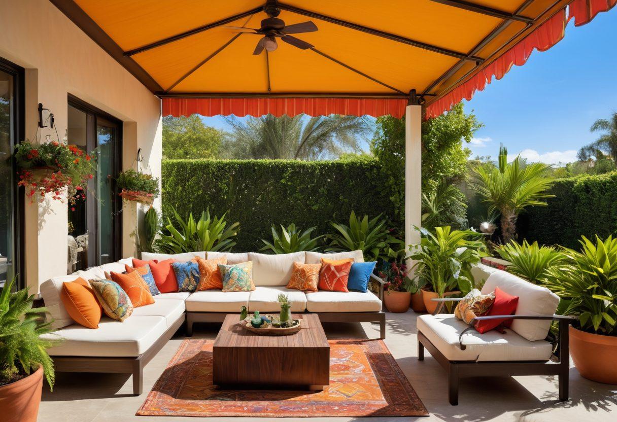 A beautifully designed outdoor space featuring a variety of stylish awnings in different colors and patterns, casting refreshing shadows over a well-furnished patio. Include comfortable seating with vibrant cushions, potted plants, and soft lighting for a cozy ambiance. The background showcases a clear blue sky and a hint of greenery. This scene conveys a sense of comfort, style, and the joy of outdoor living. vibrant colors. super-realistic. natural setting.