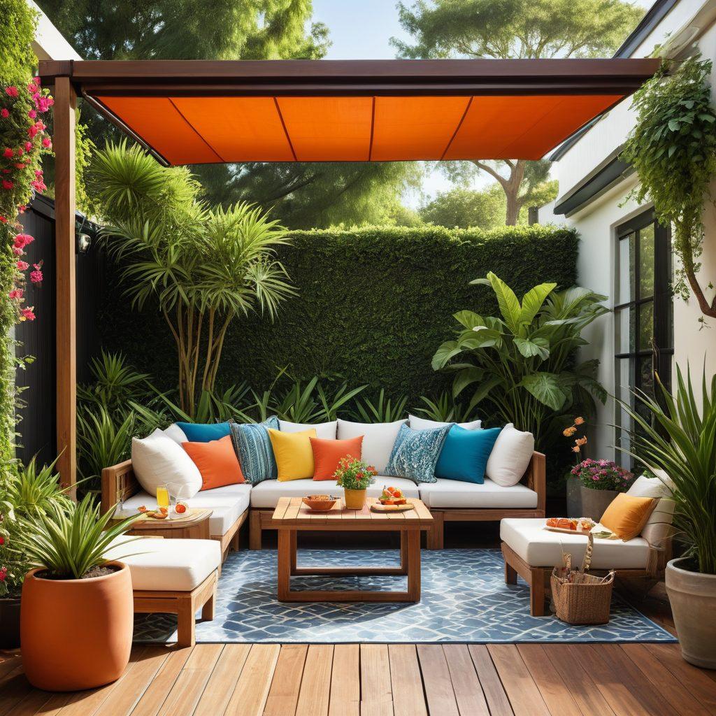A serene outdoor setting featuring a stylish, modern patio with a retractable shade and a cozy canopy, adorned with plush cushions and vibrant potted plants. Sunlight filters through the shade, casting playful shadows on a wooden table set with refreshing drinks and snacks. The backdrop showcases a lush garden, enhancing the ambiance of relaxation and style. crisp detail. summer vibes. super-realistic. vibrant colors.
